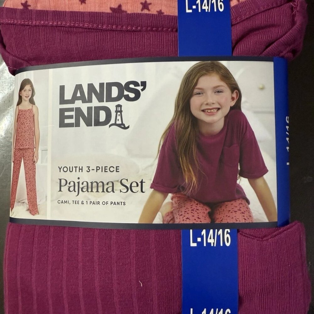 Girl's Lands End Youth 3 Piece Pajama Set Cami Tee Pants Size Large 14-16 - Picture 6 of 7